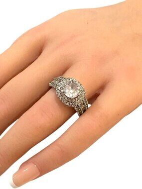 Vintage Ring Silver Tone Halo Pave Band Design Size 7.5 Womens Gift
